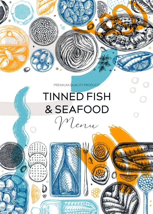 Collage-style tinned fish card or flyer trendy design. Seafood background with hand-drawn sardines, anchovy, mackerel, tuna, mussels in tin cans sketches. Canned fish frame with abstract shapes